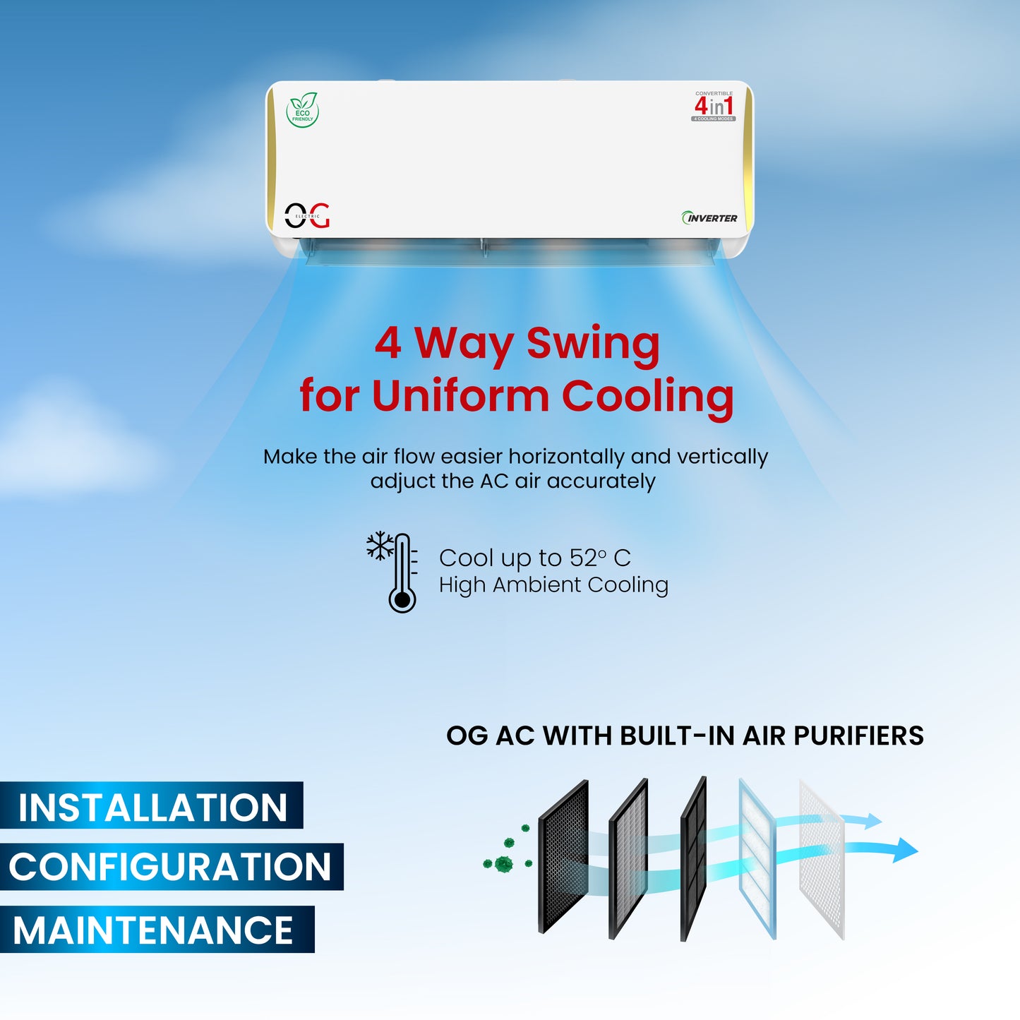 O.G ELECTRIC 1.5 ton 3 Star, Inverter Split AC (Copper, 4-in-1 Adjustable Mode, Anti-dust Filter, ASG183IOG, White)