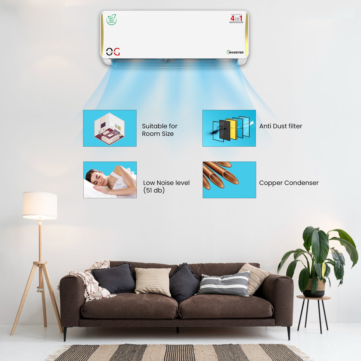 O.G ELECTRIC 1.5 ton 3 Star, Inverter Split AC (Copper, 4-in-1 Adjustable Mode, Anti-dust Filter, ASG183IOG, White)