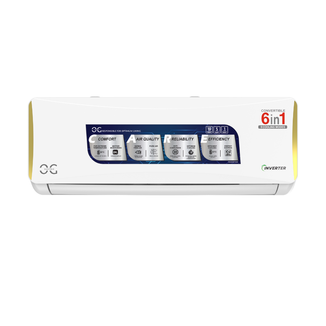 White air conditioner with '6 in 1' feature label on a white background