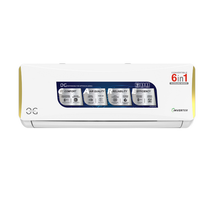 White air conditioner with '6 in 1' feature label on a white background