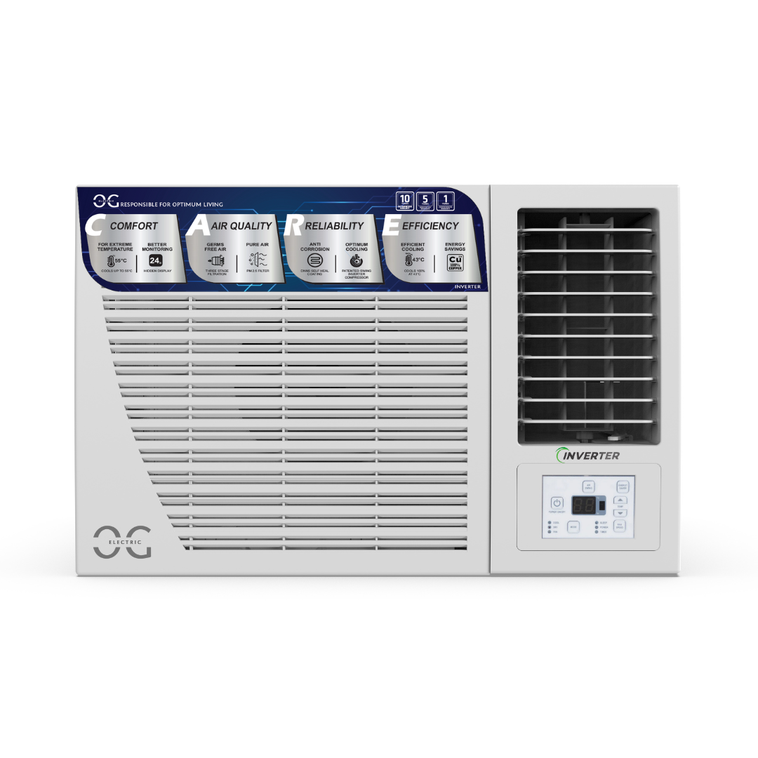 Window air conditioner with brand logo on a white background
