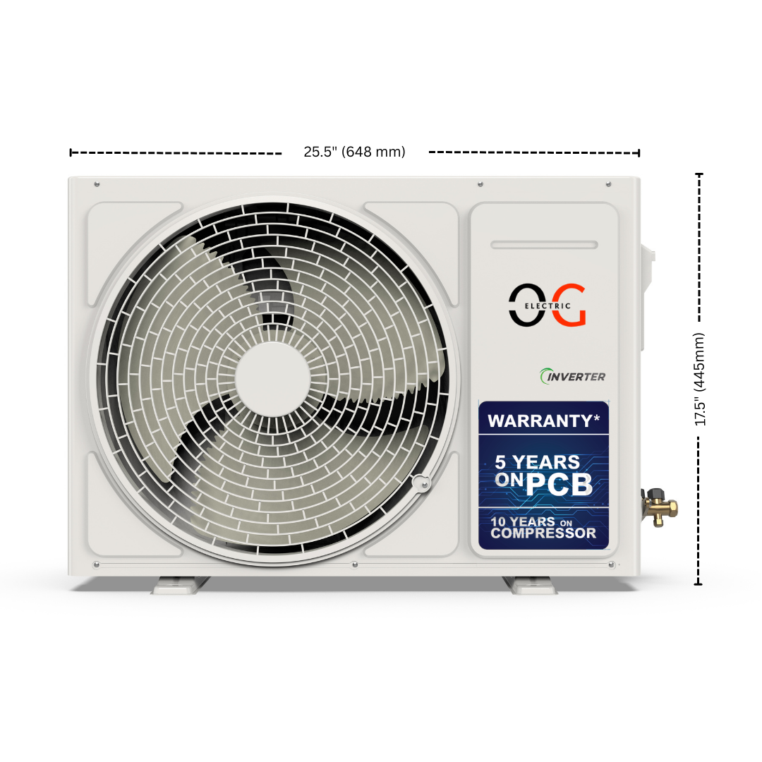 Air conditioning unit with dimensions and warranty information on a white background