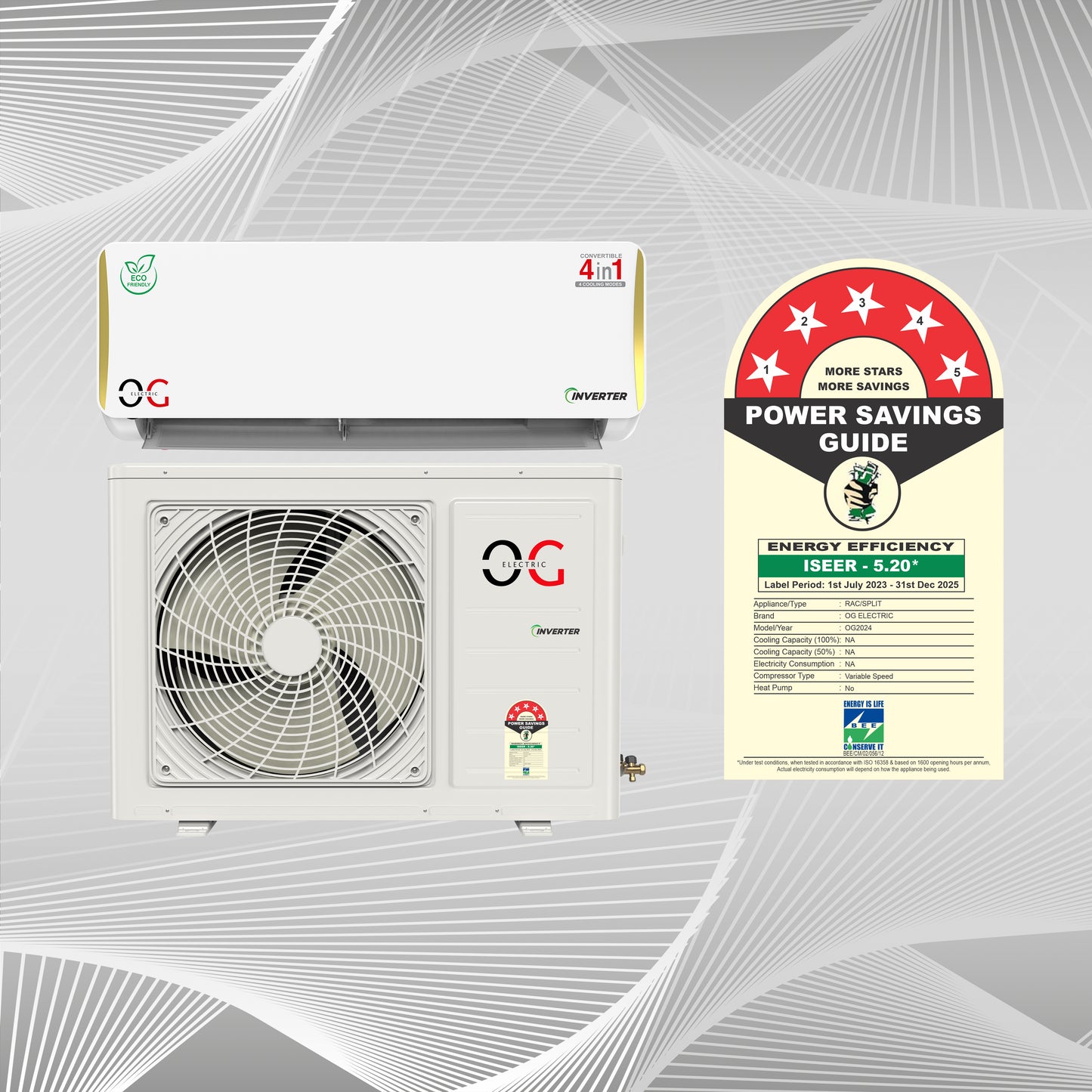 O.G ELECTRIC 1.5 ton 5 Star, Inverter Split AC (Copper, 4-in-1 Adjustable Mode, Anti-dust Filter, ASG185IOG, White)