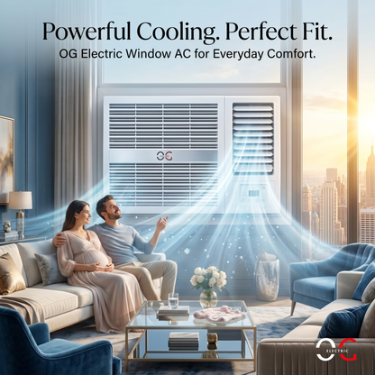 A promotional lifestyle image for the OG Electric Window AC, showing a couple sitting on a sofa in a modern living room with cooling airflow illustrated as blue rays emanating from the window air conditioner. Text at the top reads 'Powerful Cooling.